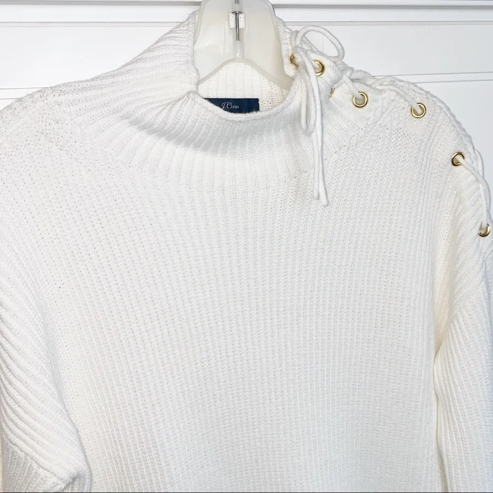 J. Crew White Ribbed Tunic Lace-up Shoulder Knit Sweater Mock Neck #L1206 Small